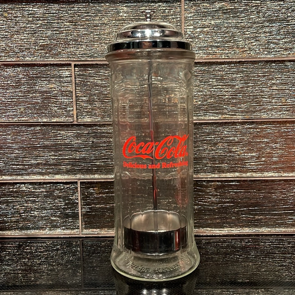 1992 Coca-Cola Glass Straw Holder‎ Dispenser Soda Pop Parlor Barware Coke